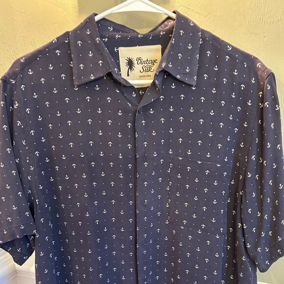 Vintage Silk 1969 size M silk shirt Dark Blue w/ White Anchors - Picture 1 of 4